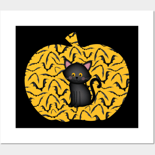 Black Cat and Pumpkin Silhouette Halloween Posters and Art